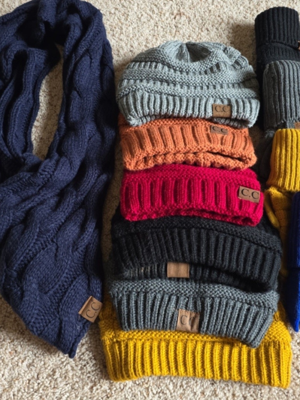 C.C Knit Beanie & Scarf Set - Navy, Gray, Mustard, Rust, Red, Black